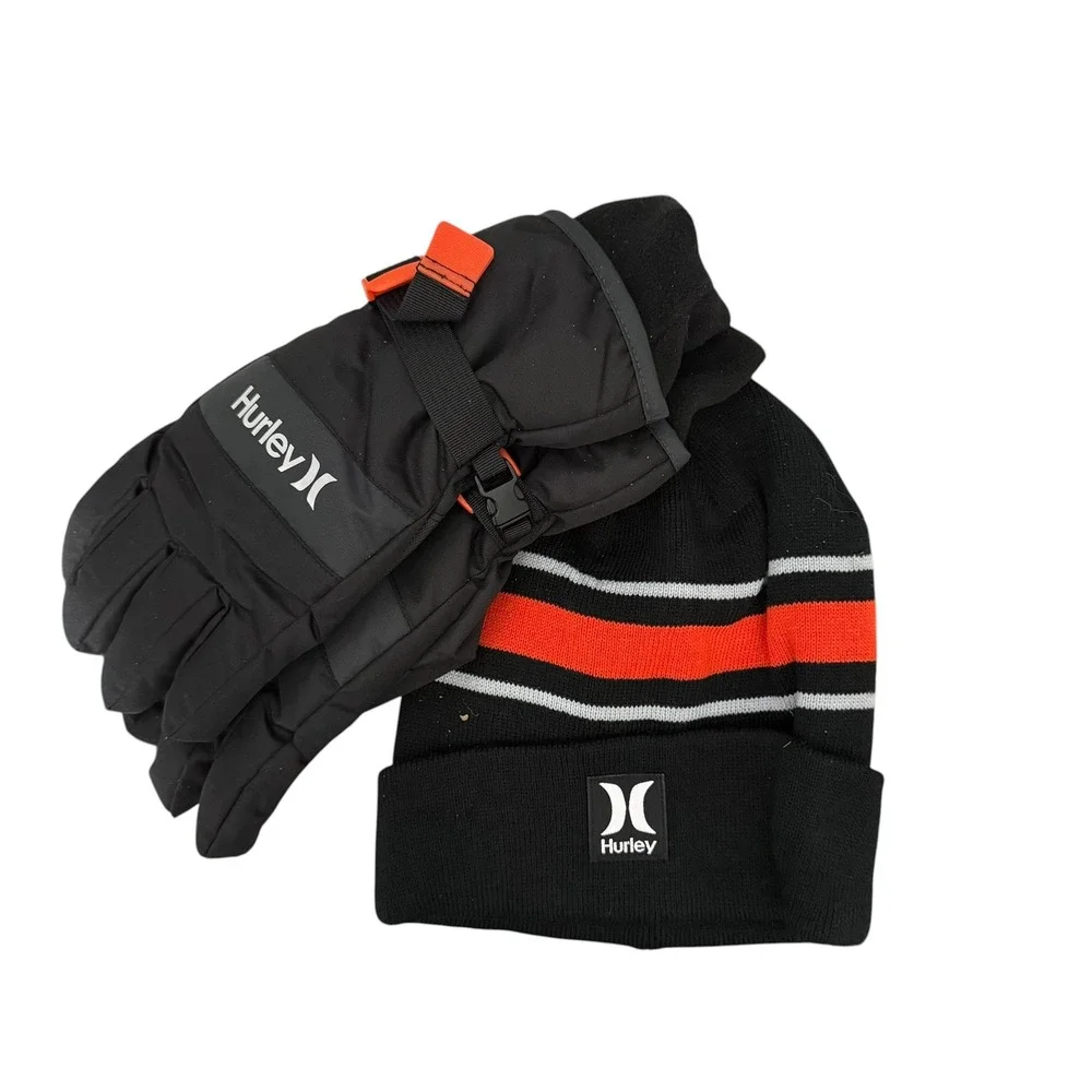 Hurley Youth Beanie and Ski Glove Size L 2-pc Set Reflective Black Orange NWT